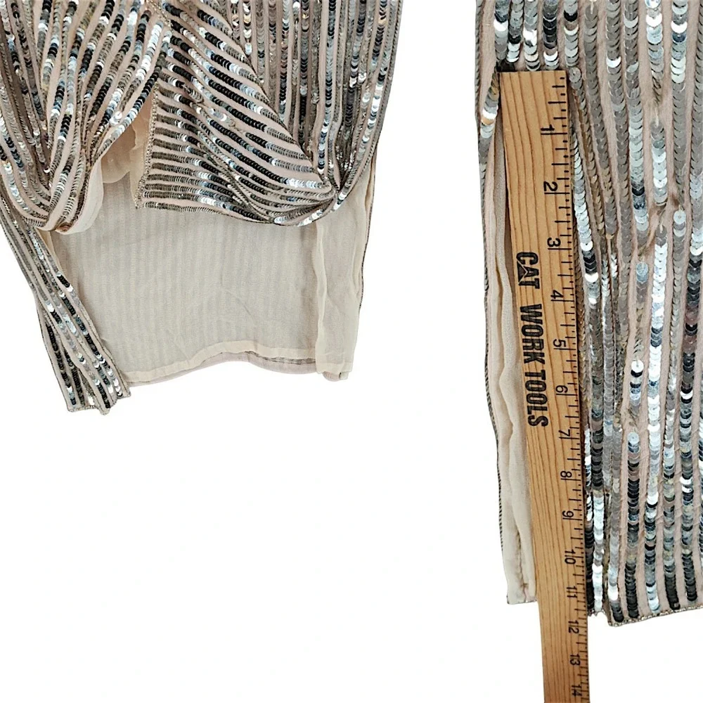 Judith Ann Creations Dress XS Women Silver Sequin Silk Long Sleeve Midi Vtg READ